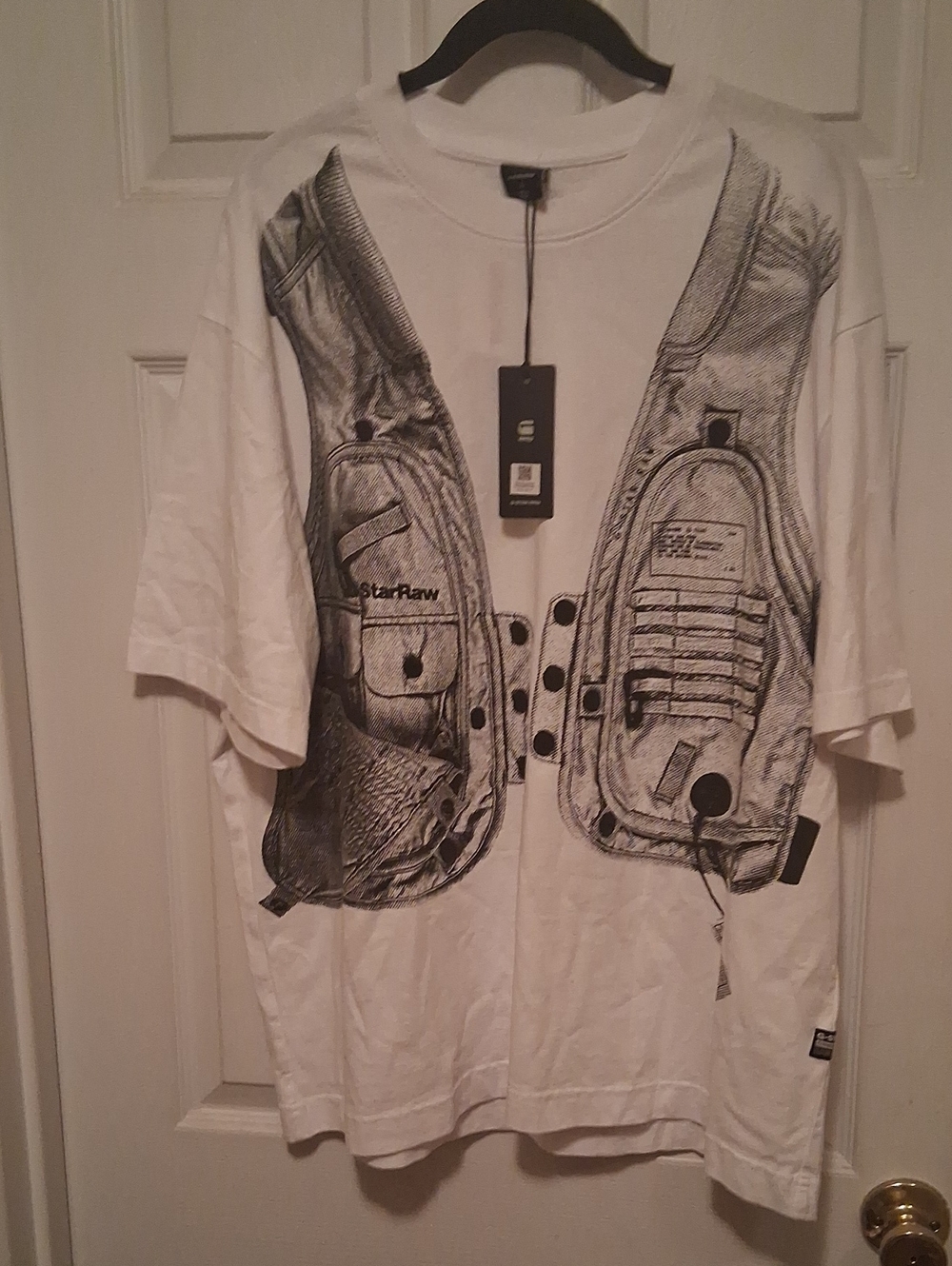 G-Star White Tee with Black Neck Tag Detail